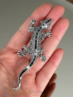 Уникална изработка кристална брошка гущер 9 на 3 см с блестящи графитени кристали, сребриста основа - B1588